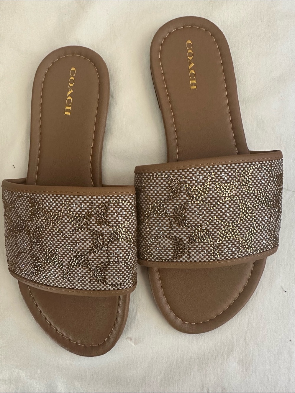Coach Brown Slide Sandals with Gold-Threaded Signature Strap